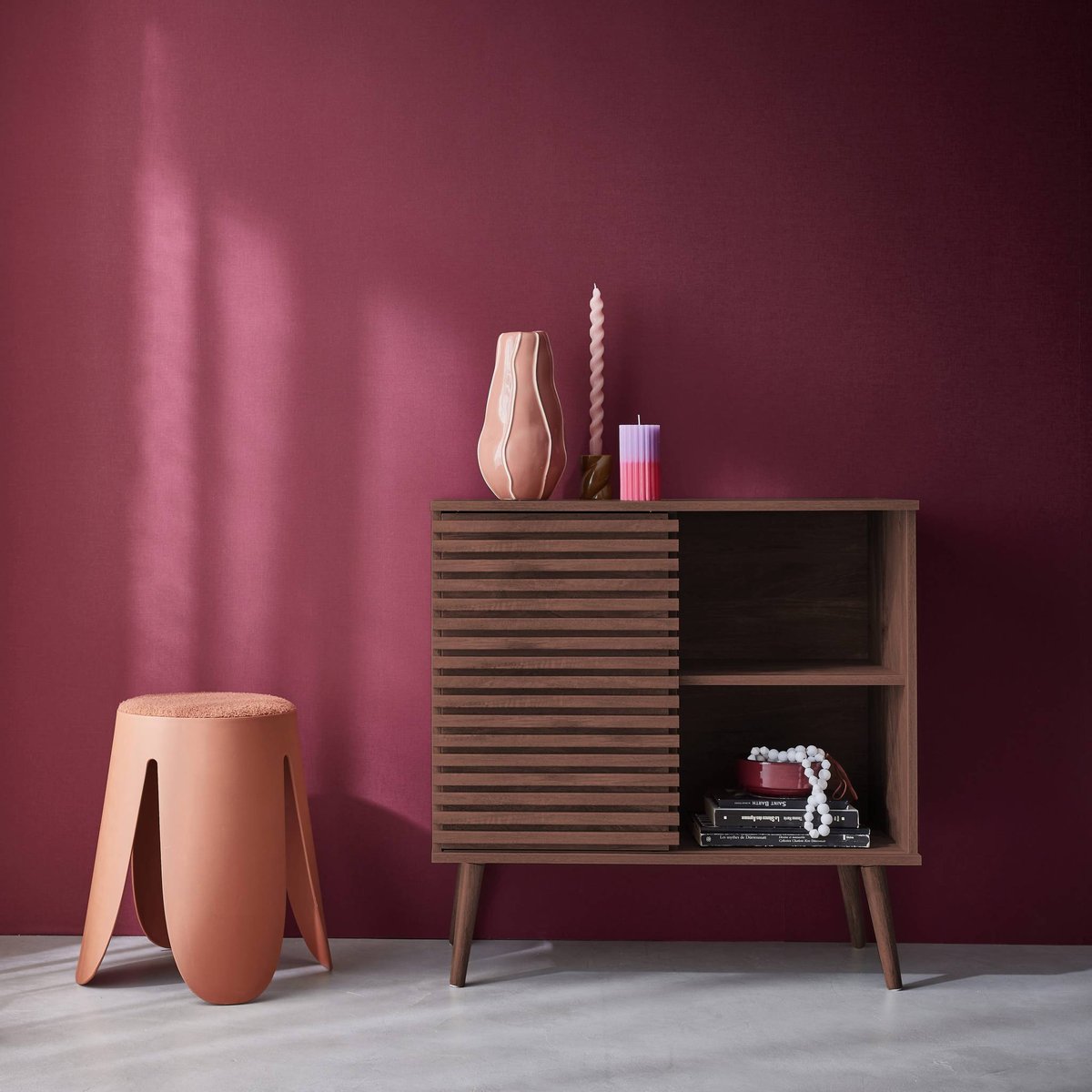 Buffet scandinave décor bois rainuré 1 porte coulissante 80cm MADERE naturel, SWEEEK