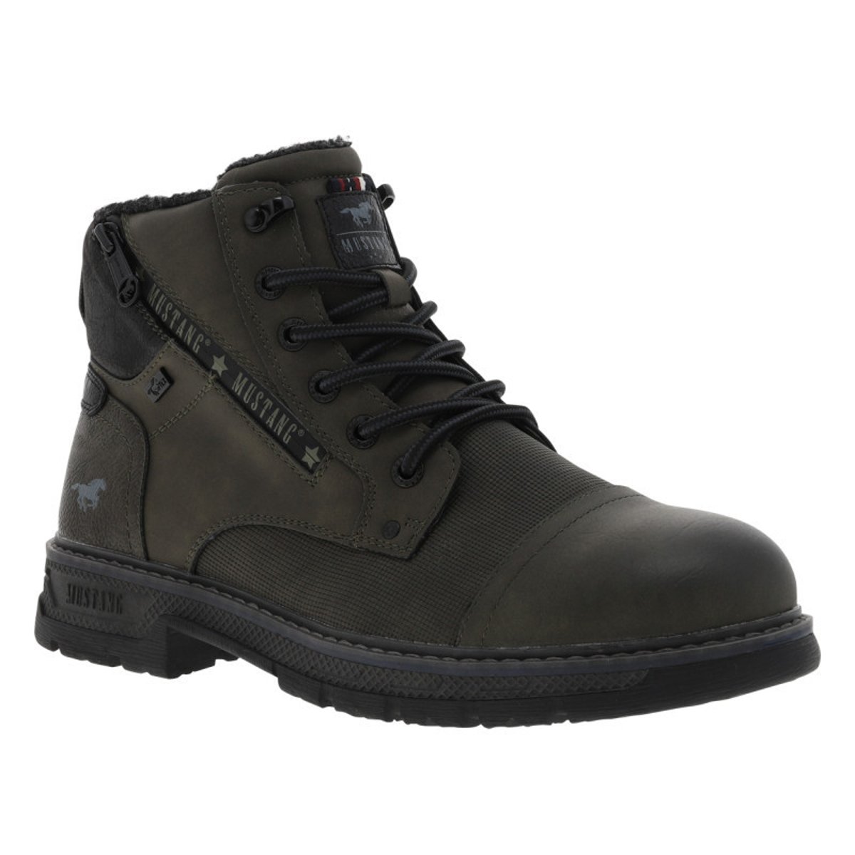 Bottines kaki à talon décroché bas avec un zip et des lacets ronds kaki, MUSTANG