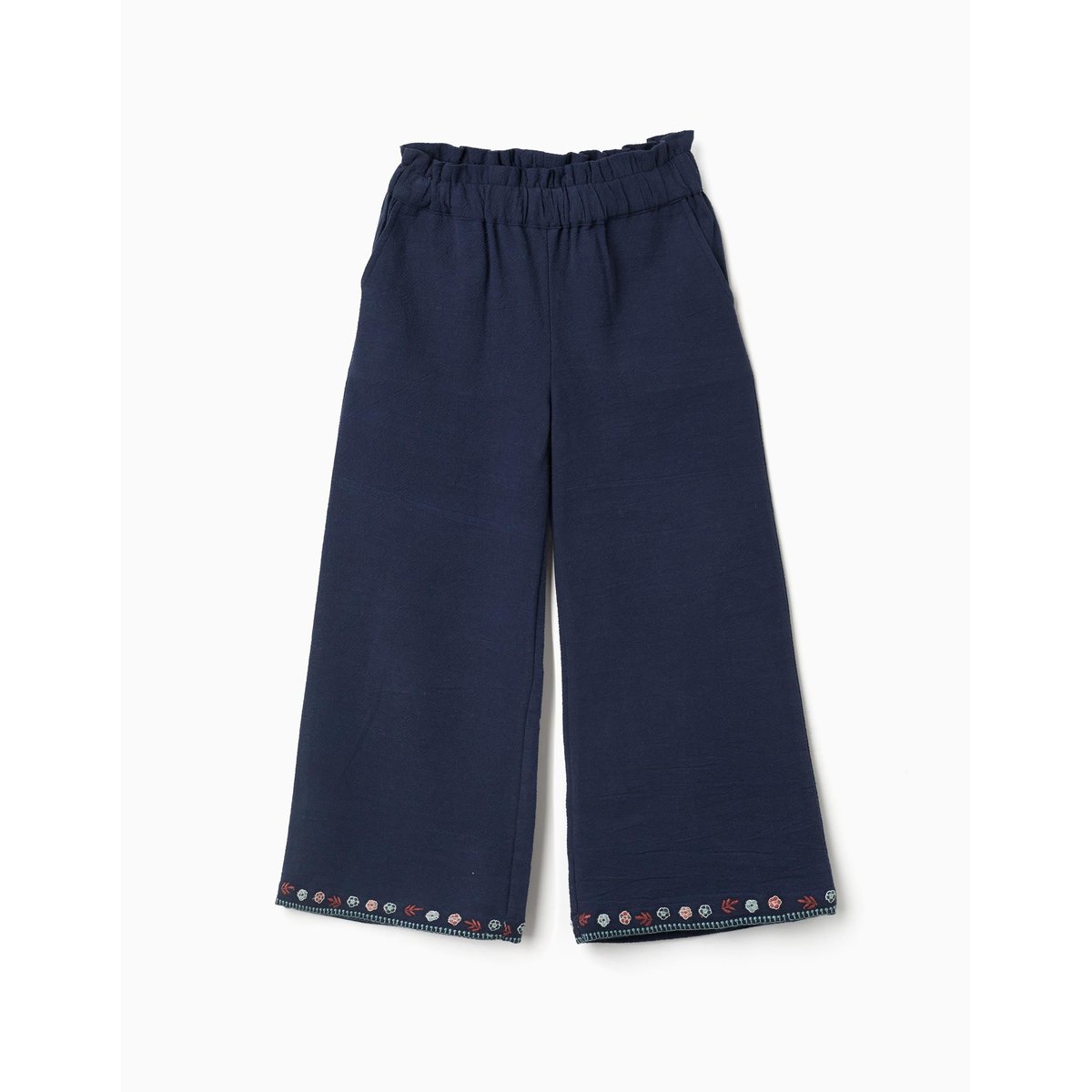 Pantalon en coton à jambe large avec fleurs brodées bleu foncé, ZIPPY
