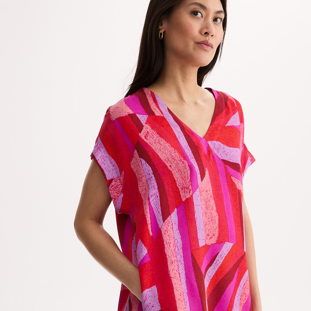 Robe au genou manches courtes imprimée en viscose imprimé corail, ANNE WEYBURN