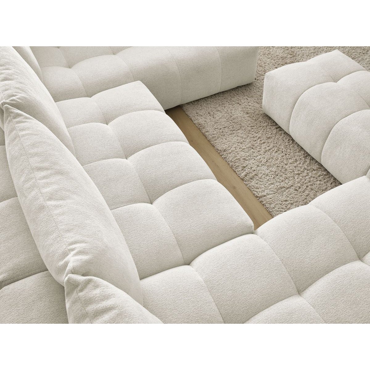Canapé panoramique convertible 7 places en tissu chiné avec pouf, EVEREST blanc, BOBOCHIC