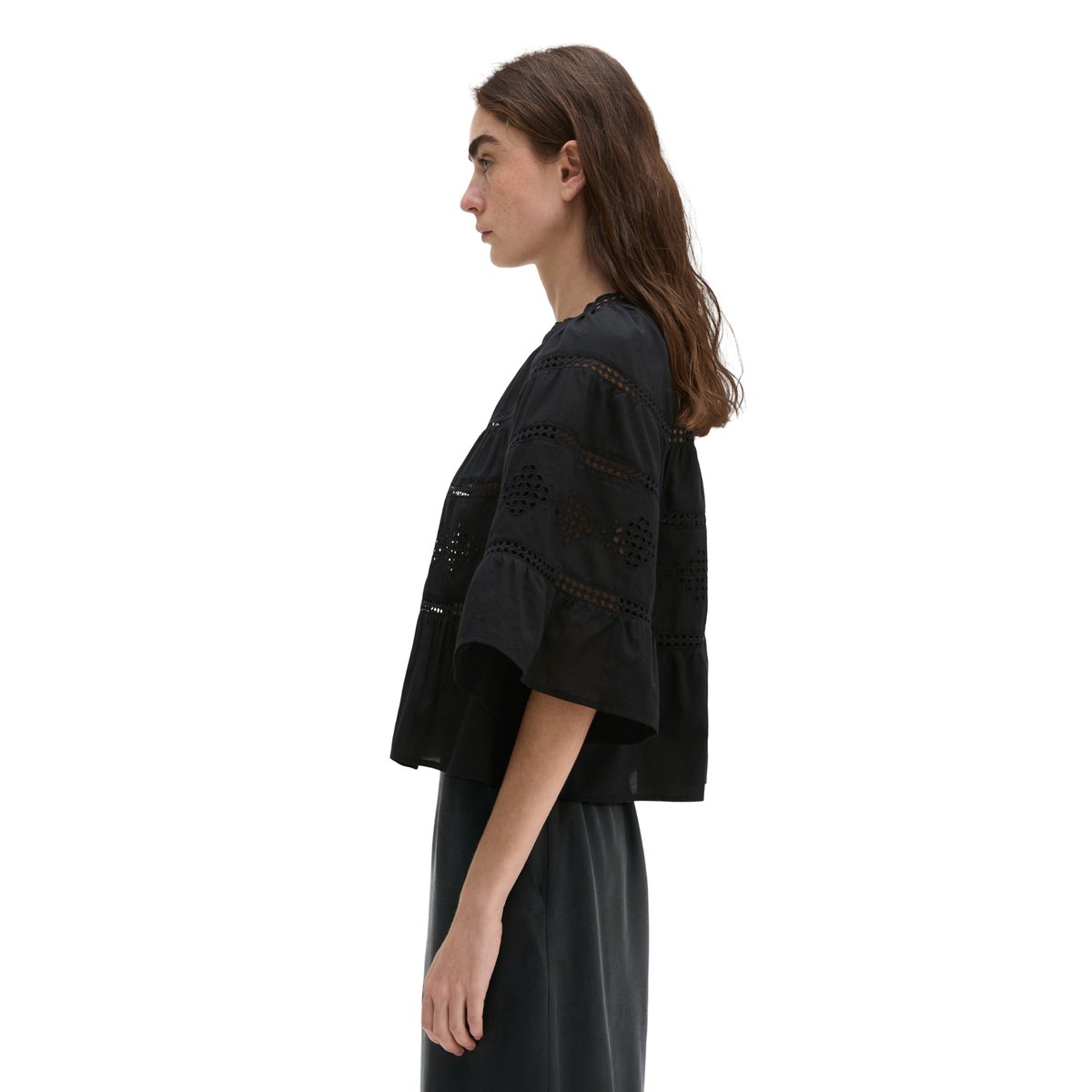 Blouse boho de style folklorique relaxed en voile de coton brodé noir, MARC O'POLO