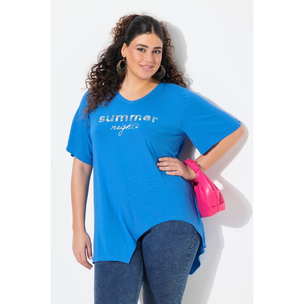 T-shirt à message. Col V et manches courtes. bleu pétrole, ULLA POPKEN