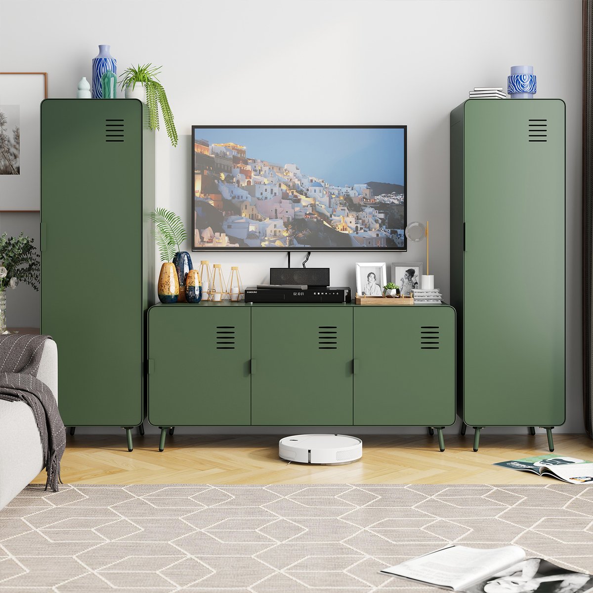 Armoire de rangement avec 1 portes 2 couches et 1 rail en métal industriel, WALNUTLIVING vert foncé, MEUBLES COSY