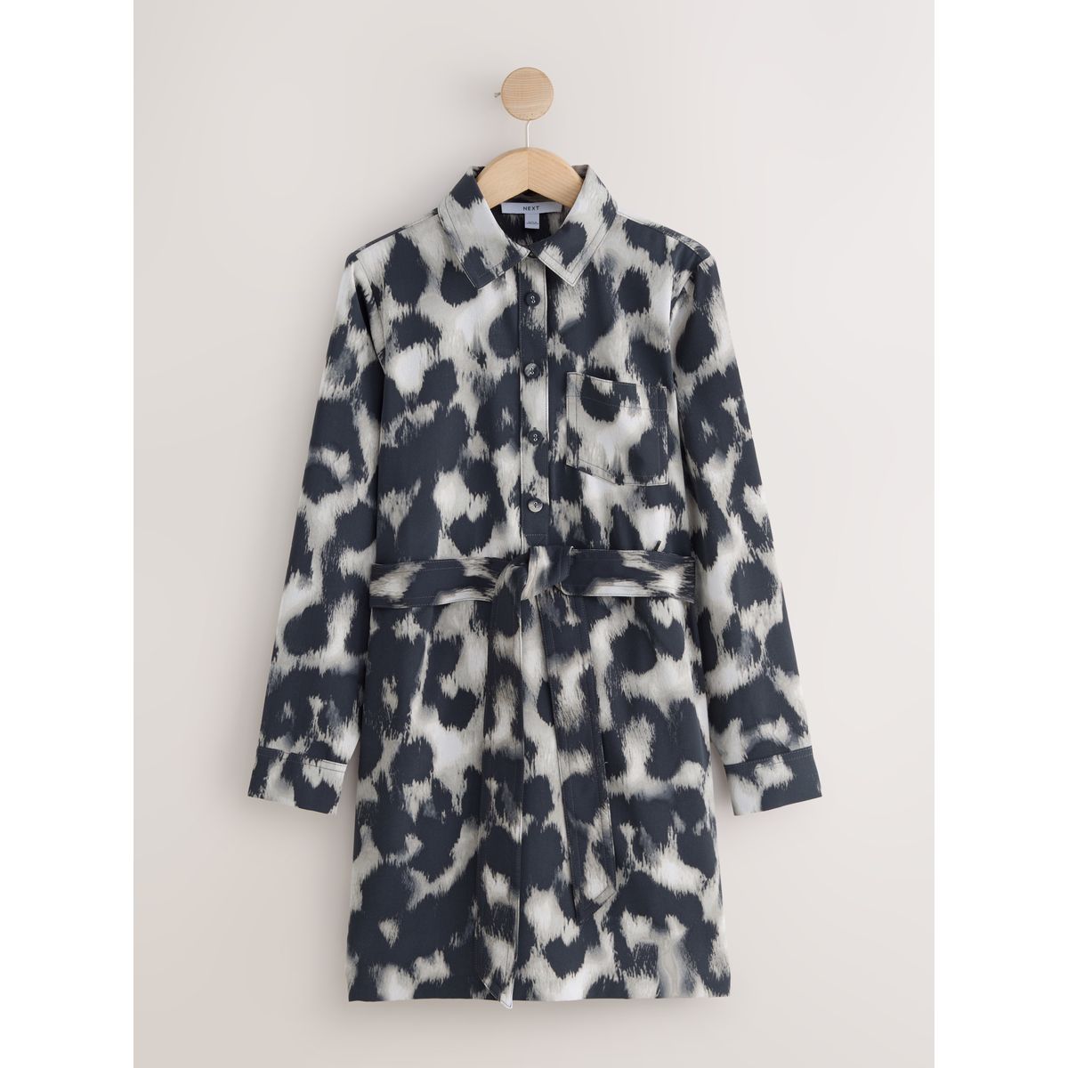 Robe chemise courte à manches longues gris imprimé léopard, NEXT