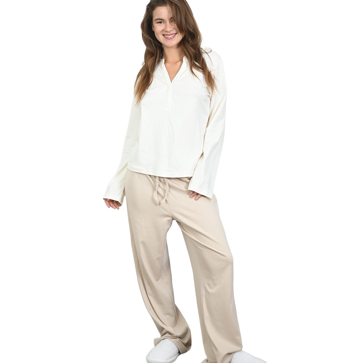 Pyjama femme t-shirt manches longues + pantalon en jersey SHEFFIELD sable/ecru, SENSEI MAISON