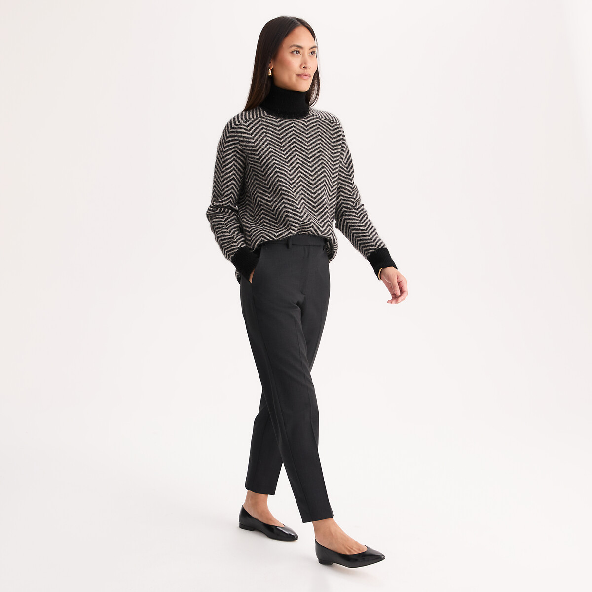 Pull col roulé, laine et alpaga mélangés noir/beige, ANNE WEYBURN