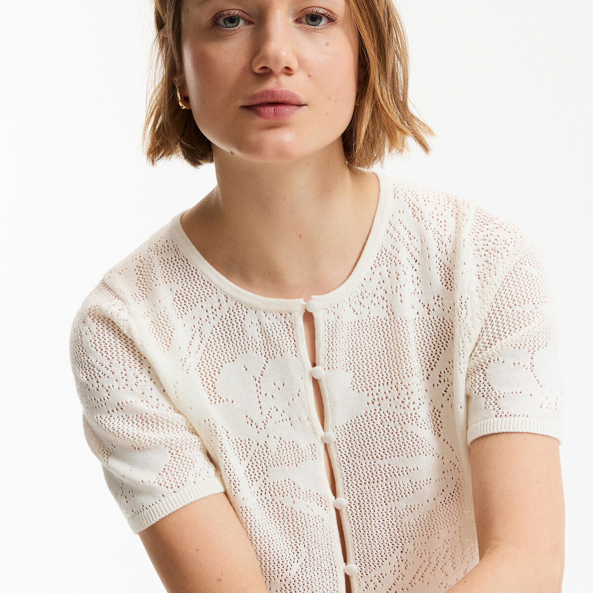 Cardigan court, col rond, en fine maille ajourée, boutonné ecru, LA REDOUTE COLLECTIONS