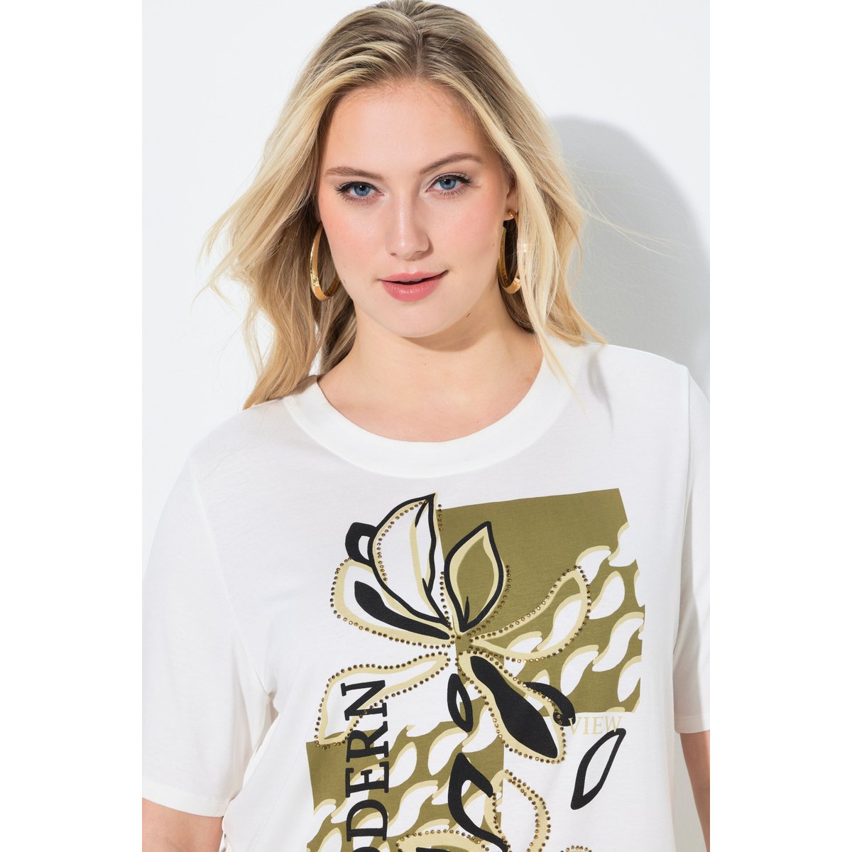 T-shirt motif floral et strass fantaisie blanc cassé, ULLA POPKEN