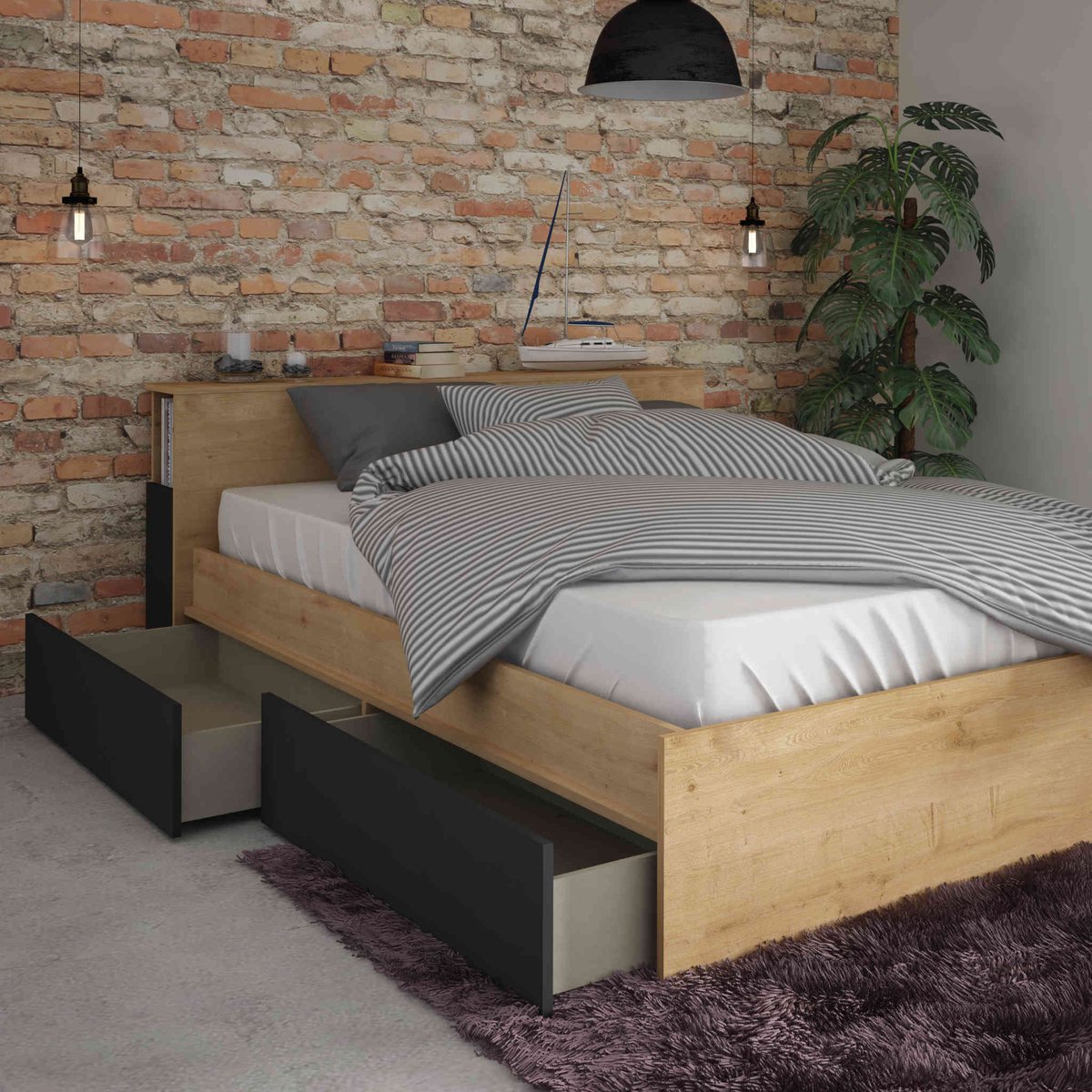 Lit tiroir en bois avec niches de rangement bois naturel, TERRE DE NUIT