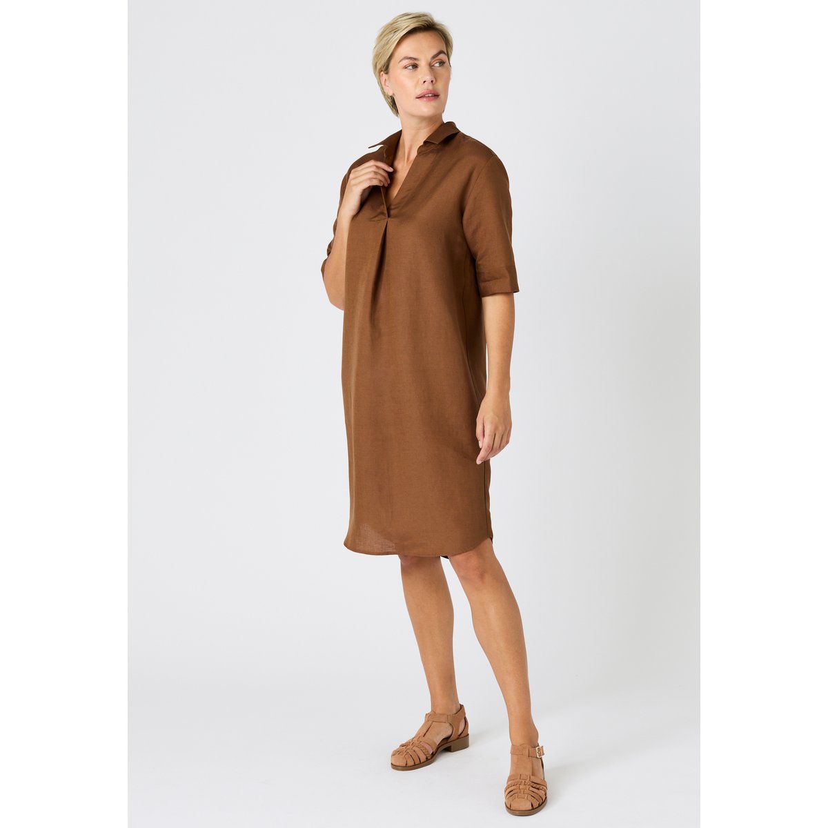 Robe caftan mélange lin marron foncé, DAMART