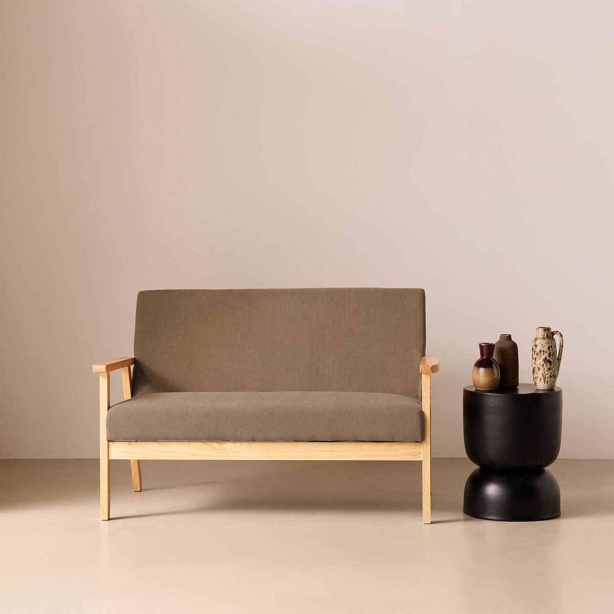 Canapé banquette 2 places bois d'hévéa velours côtelé ISAK taupe, SWEEEK