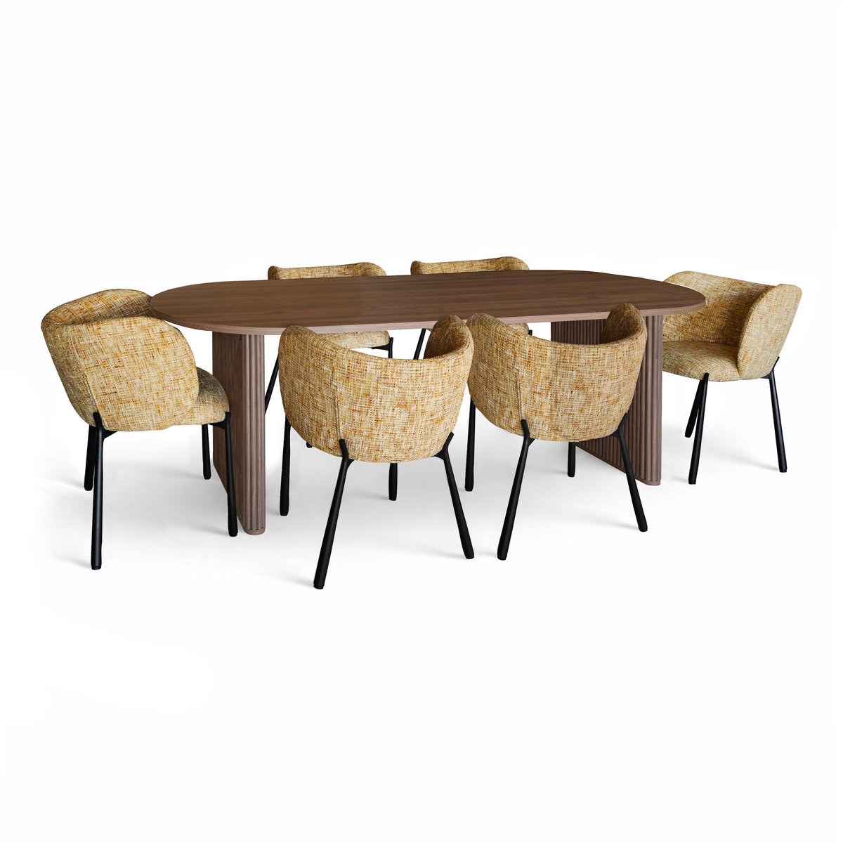 Table ovale 230cm effet noyer et 6 fauteuils en tissu ocre, NOW'S HOME