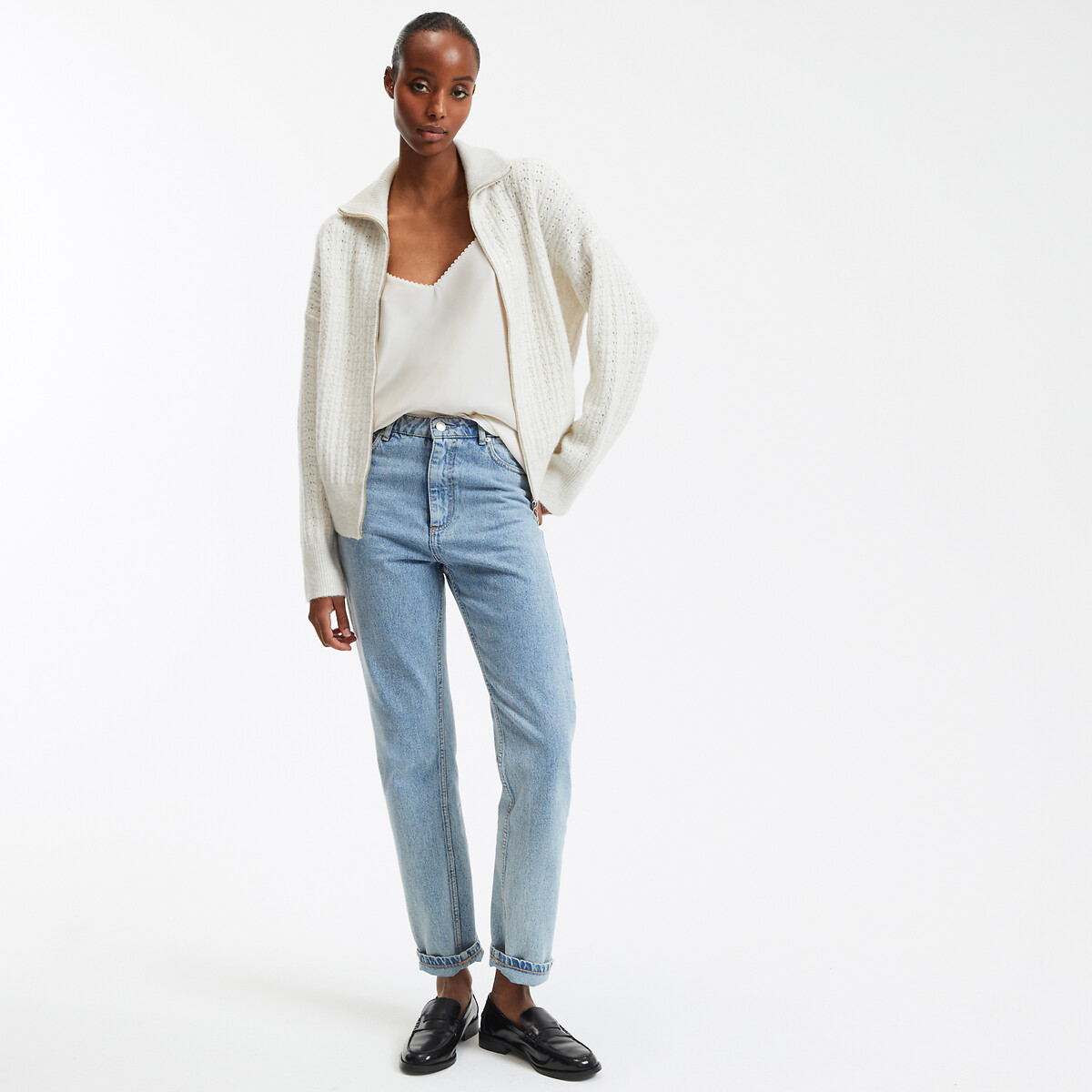 Short Chunky Knit Cardigan with V-Neck ivory, LA REDOUTE COLLECTIONS