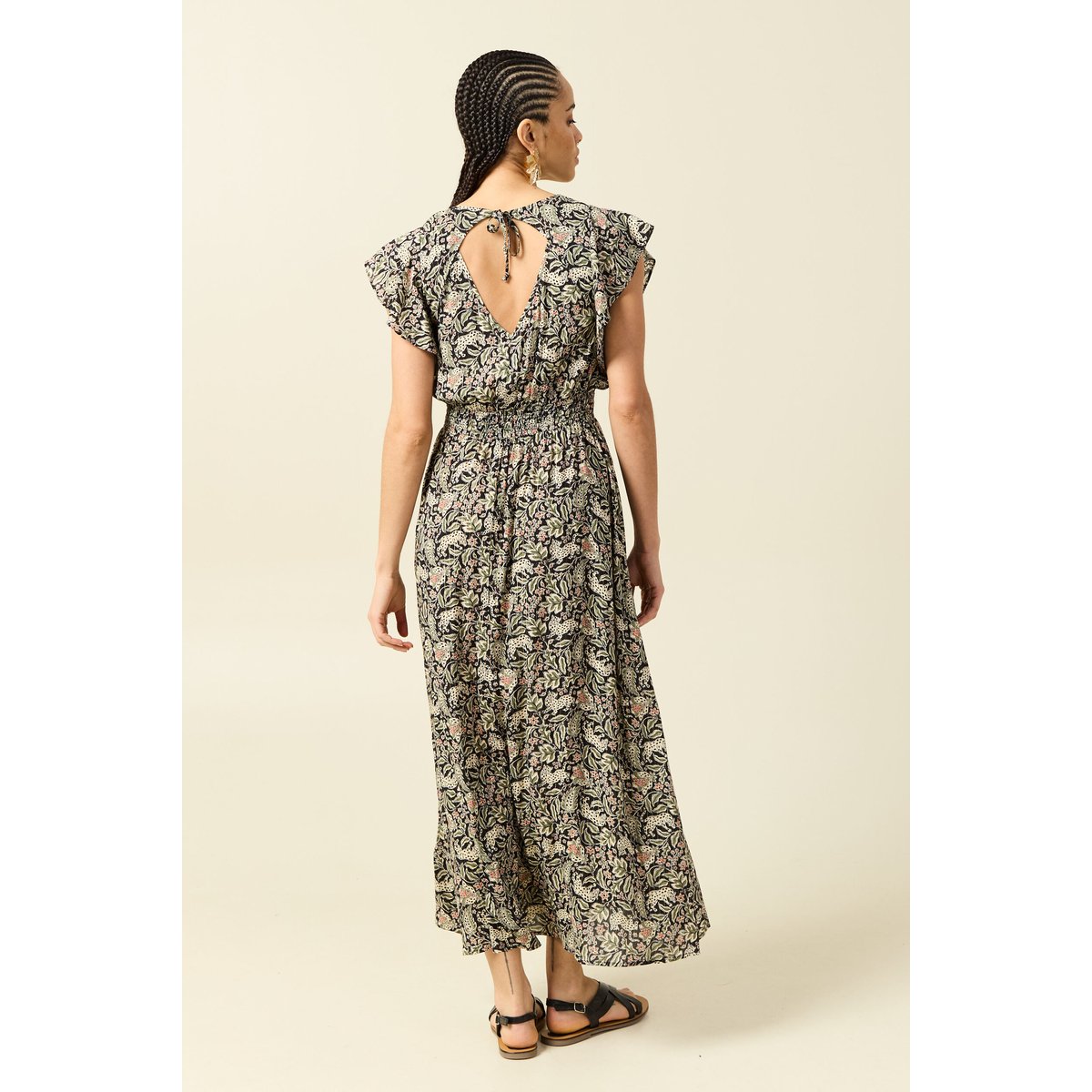 Robe longue évasée col v manches courtes noir, BONOBO