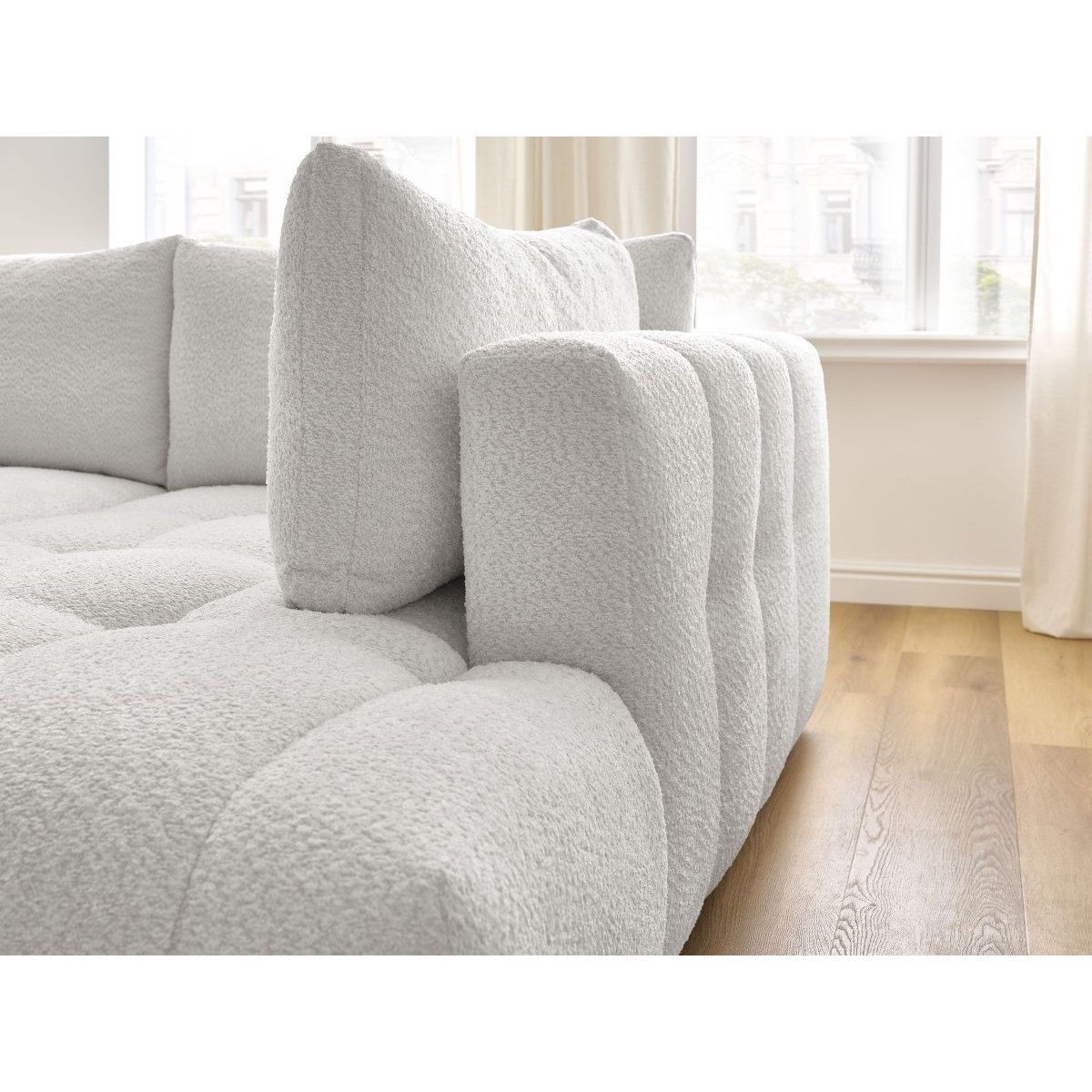 Canapé d'angle convertible 4 places en tissu bouclette avec pouf, FUJI blanc, BOBOCHIC