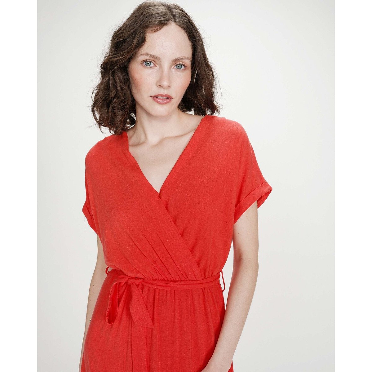 Lange, soepelvallende jurk met ceintuur, V-hals, POLLEN rood oranje, GRACE & MILA