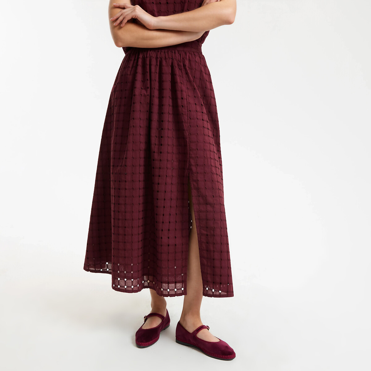 Jupe midi évasée en broderie anglaise marron, LA REDOUTE COLLECTIONS