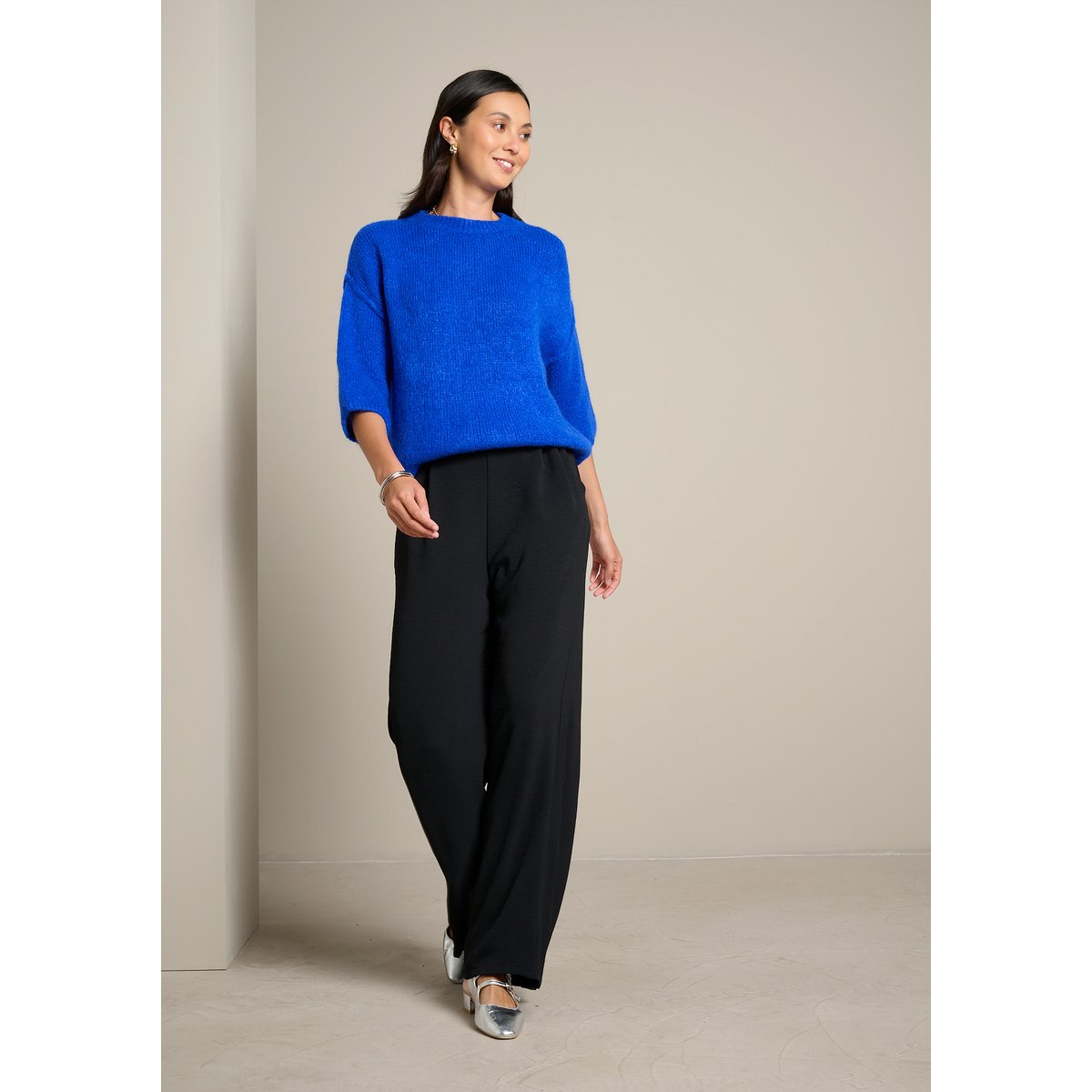 Pantalon large fluide effet froissé noir, LOLALIZA