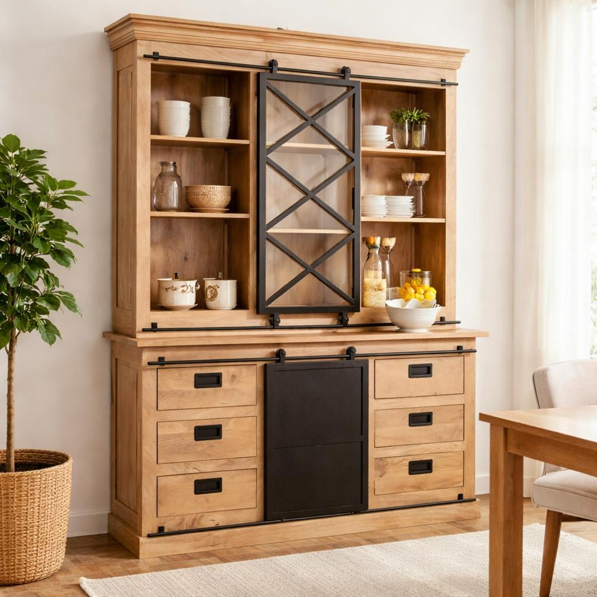Vaisselier bois métal style atelier à portes coulissantes 160 cm CAMDEN bois naturel, PIER IMPORT