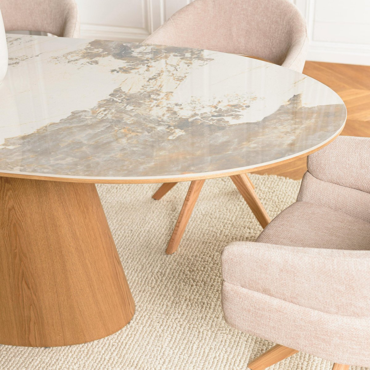 Table à manger 200x90cm plateau céramique pieds bois LINEA blanc, PIER IMPORT