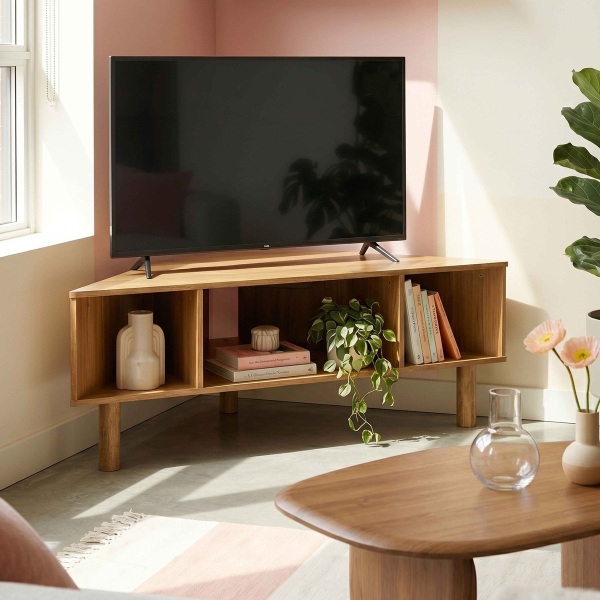 Meuble TV effet bois 120 cm style scandinave, BRADY bois clair, OVIALA