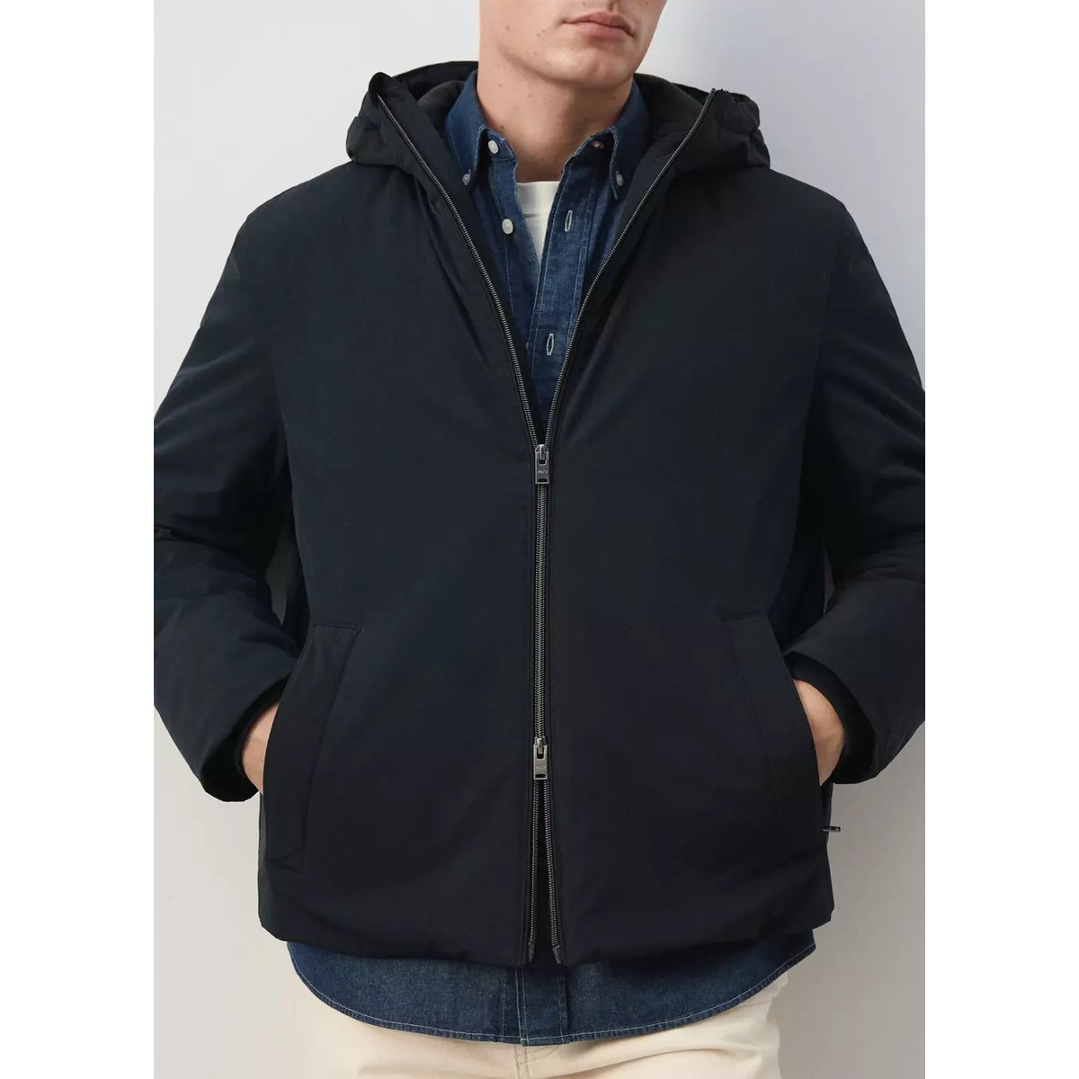 Blouson technique à capuche imperméable bleu nuit, MANGO MAN
