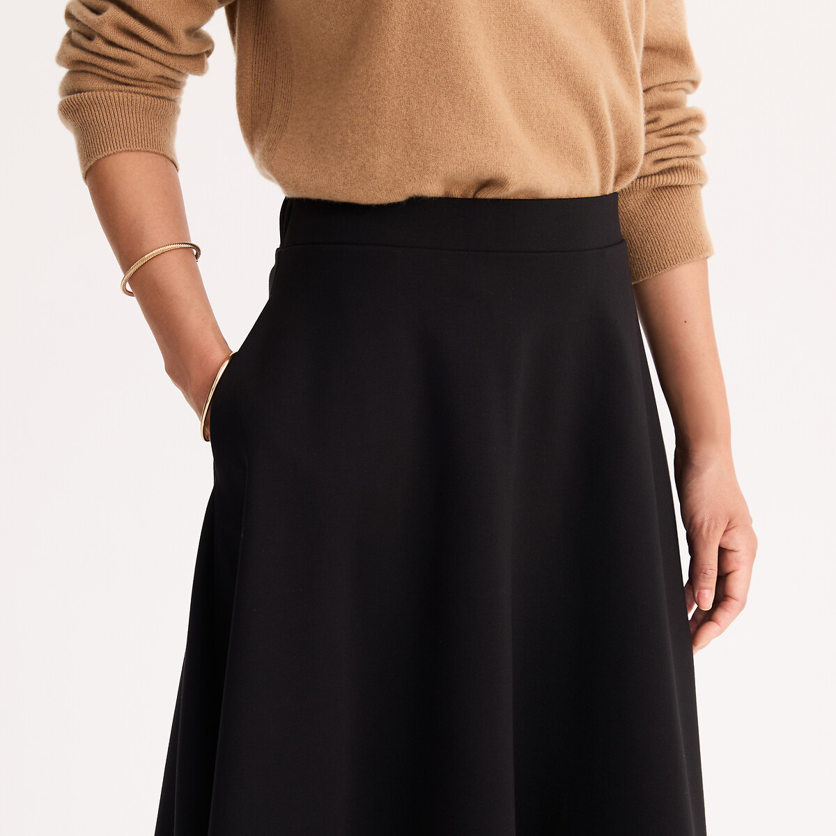 Jupe évasée en maille, longueur midi noir, ANNE WEYBURN