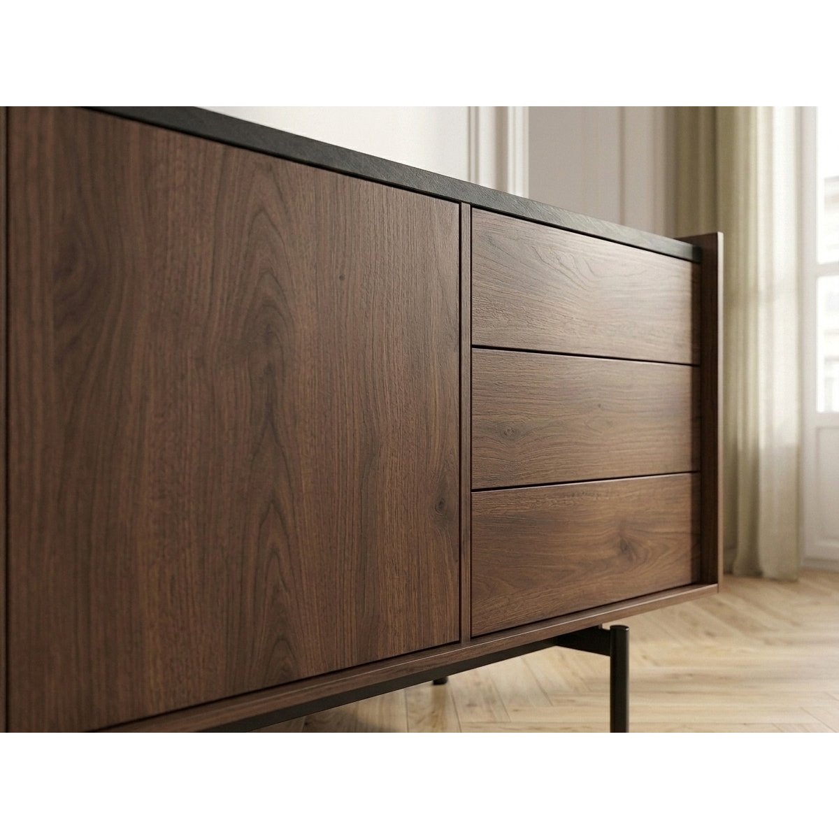 Buffet bas en  2 portes 170 cm, FREDA noir et noyer, BOBOCHIC