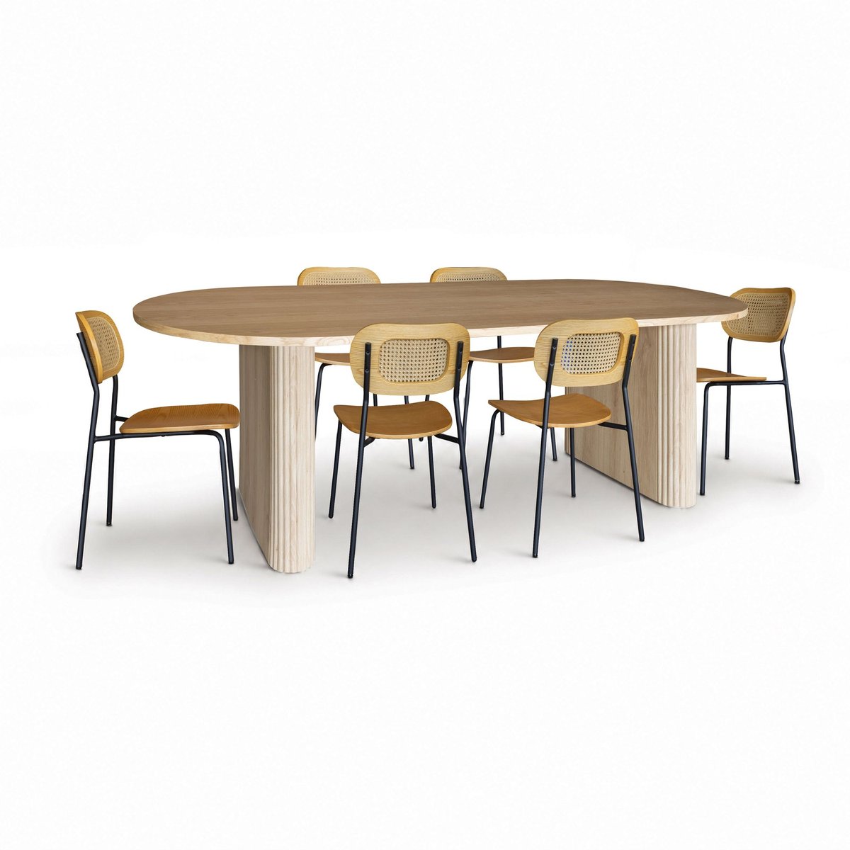 Table ovale effet bois 220cm + 6 chaises en rotin et bois naturel / rotin, NOW'S HOME
