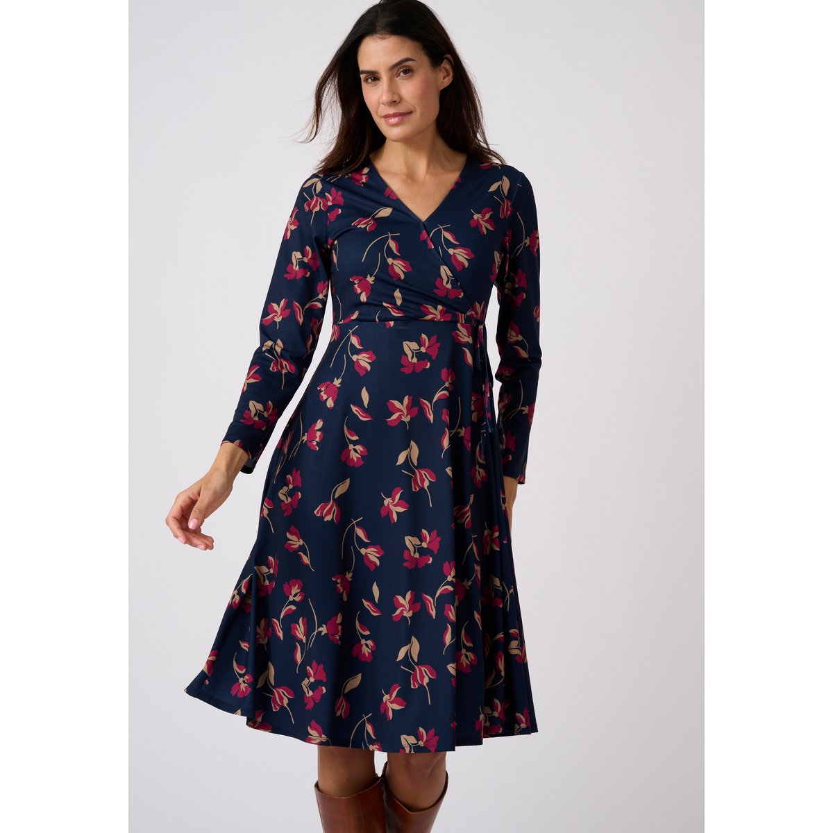 Robe maille crêpe effet cache-coeur bleu marine fleuri, DAMART