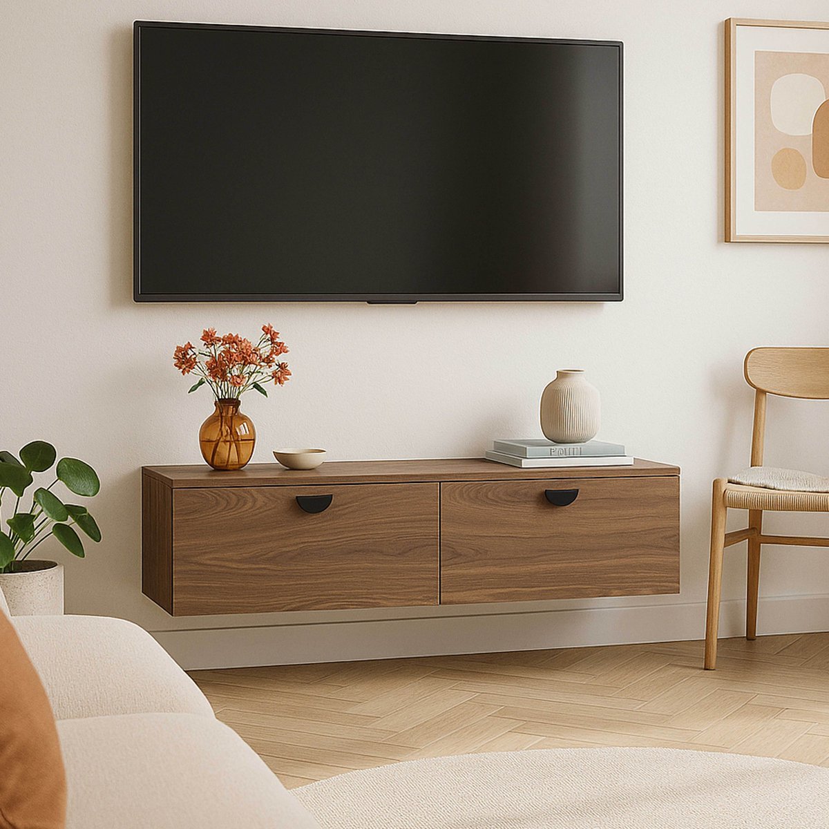 Meuble TV suspendu effet bois 120 cm, JESSY bois foncé, OVIALA