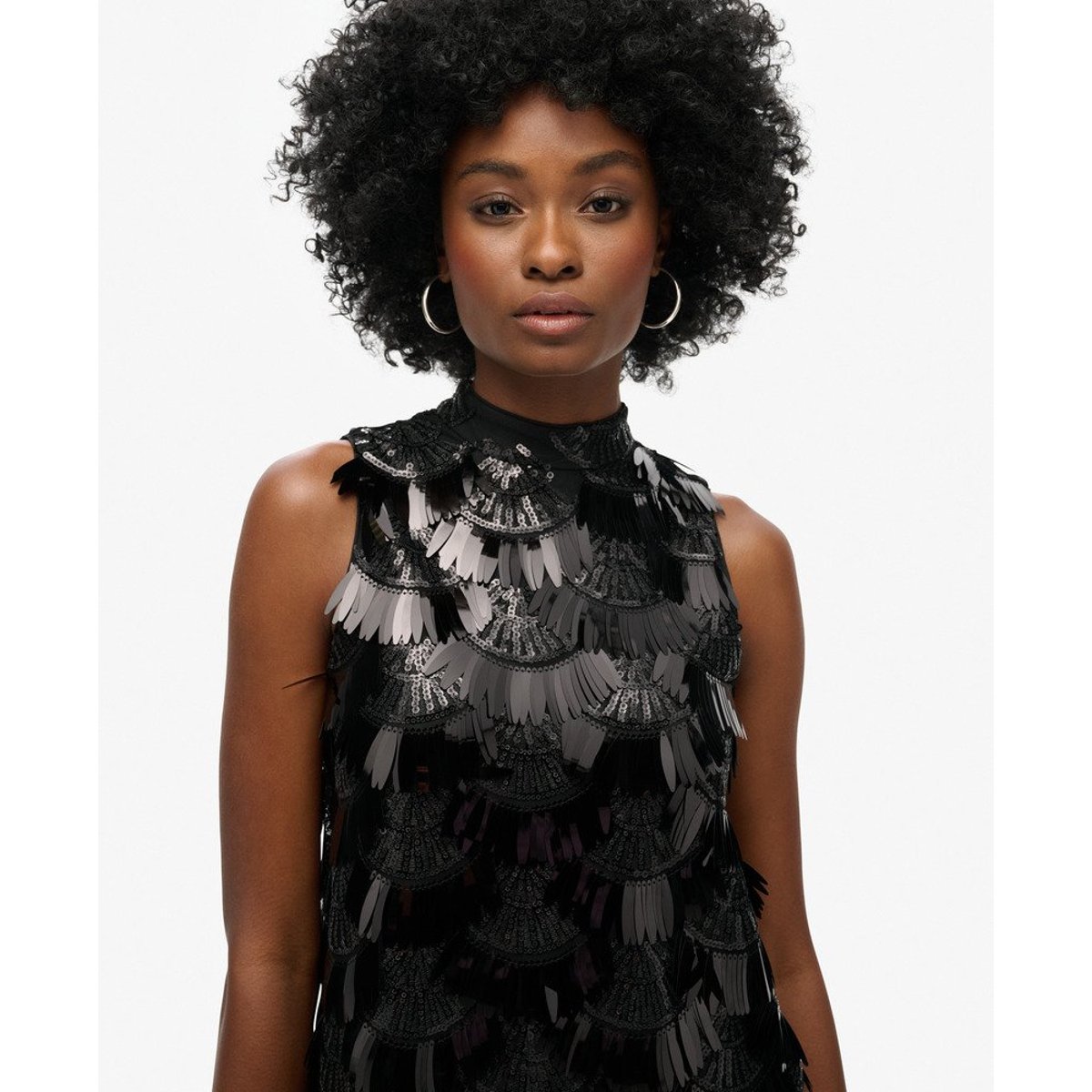 Robe trapèze à franges et sequins sequins noirs, SUPERDRY