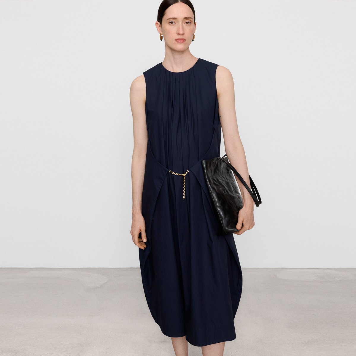 Robe en coton biologique à silhouette ballon bleu marine, ADOLFO DOMINGUEZ