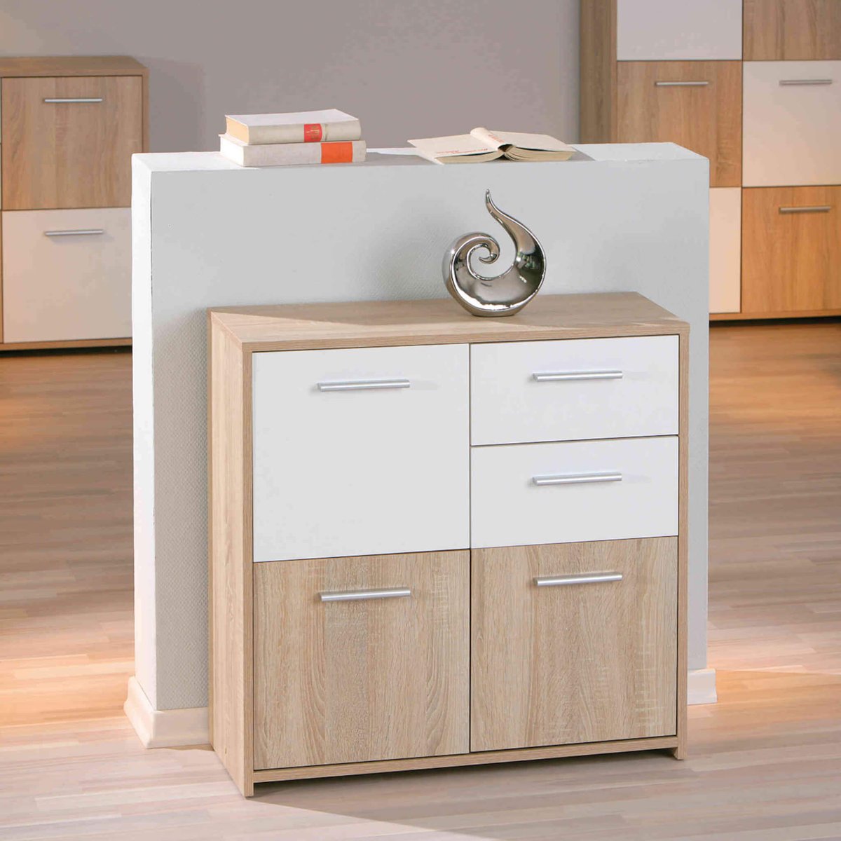 Commode 3 portes 2 tiroirs en bois bois clair, TERRE DE NUIT