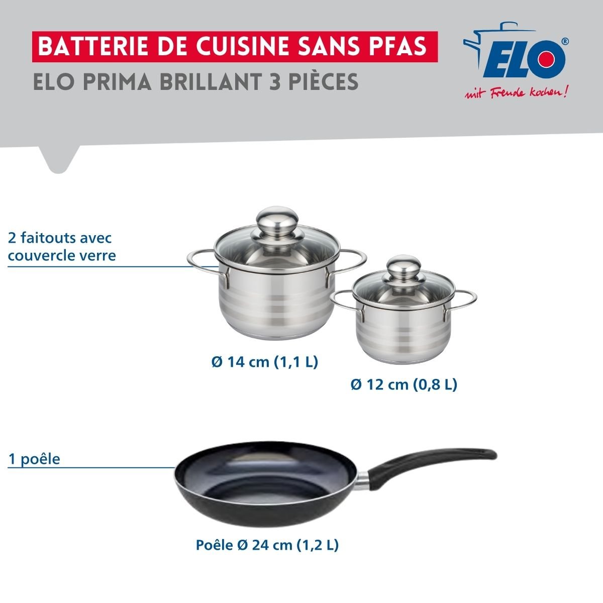 Batterie 1 poêle 24cm + 2 faitouts 12/14cm PRIMA BRILLANT noir, ELO