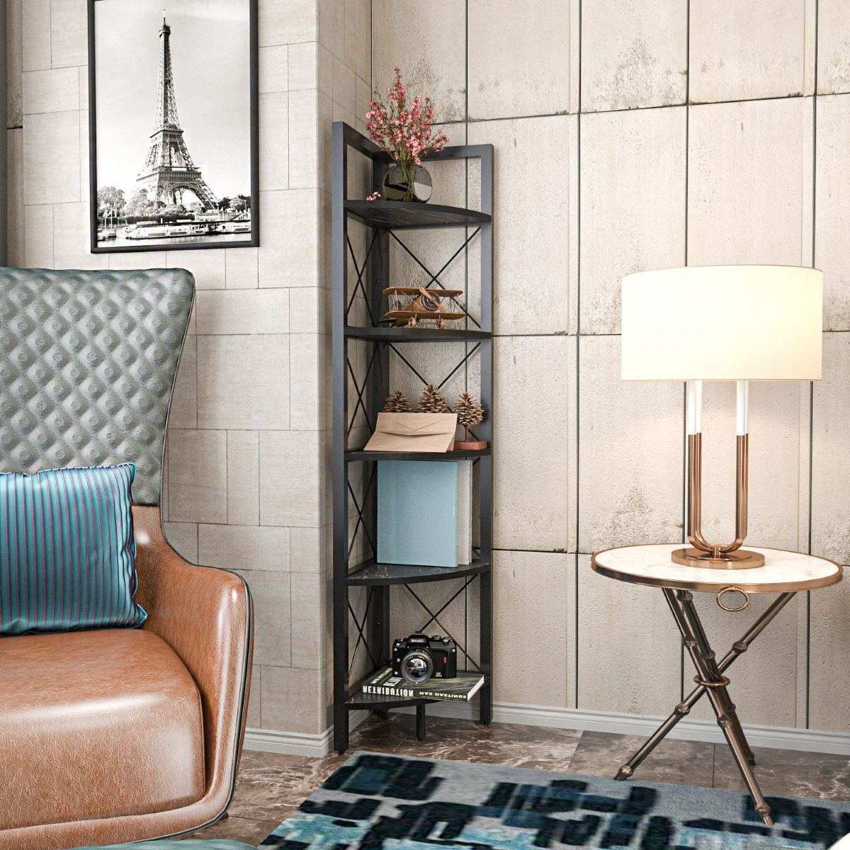 Etagère d'angle 5 tablettes noir H160 cm - Remo noir, CALICOSY