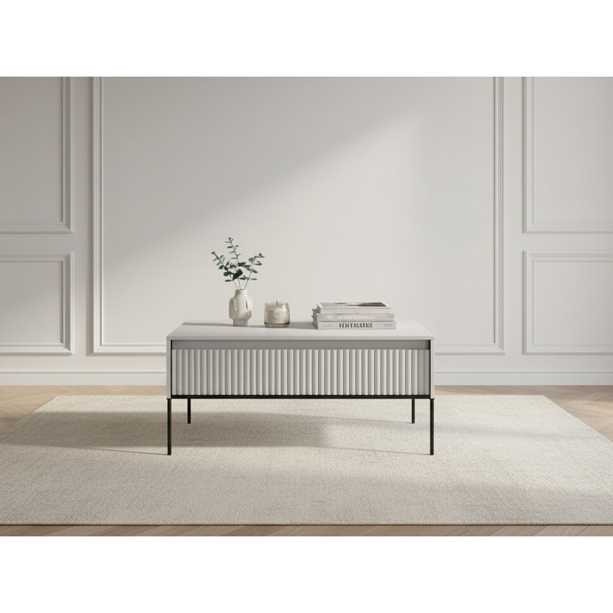 Table basse rectangle en panneaux de particules, LENARA blanc, BOBOCHIC