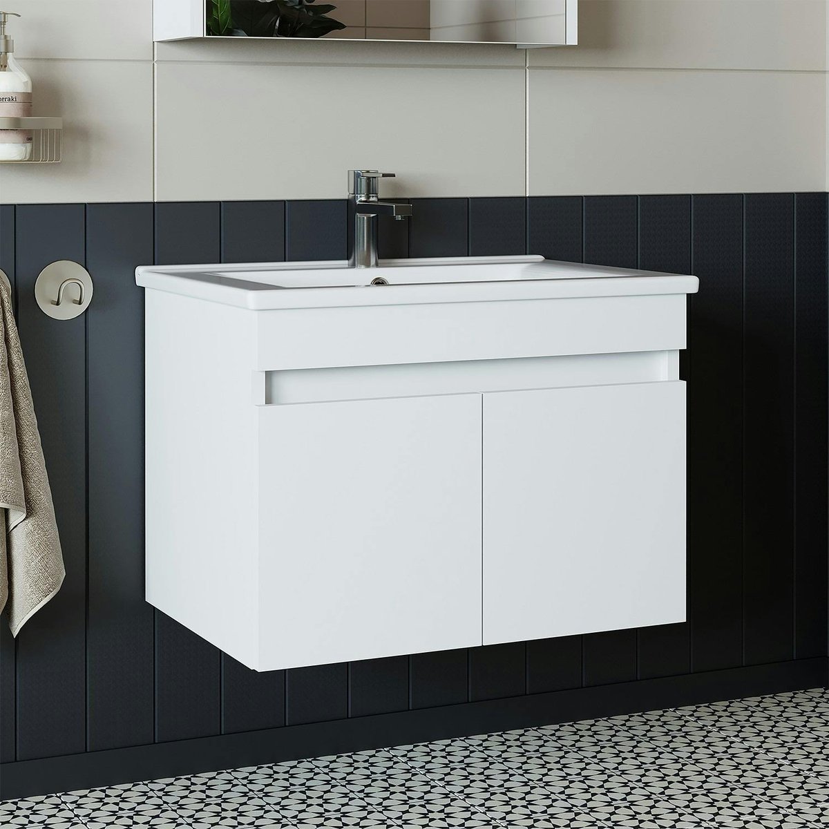 Meuble sous vasque suspendu 65 cm, 2 portes + vasque LAO blanc, PIER IMPORT