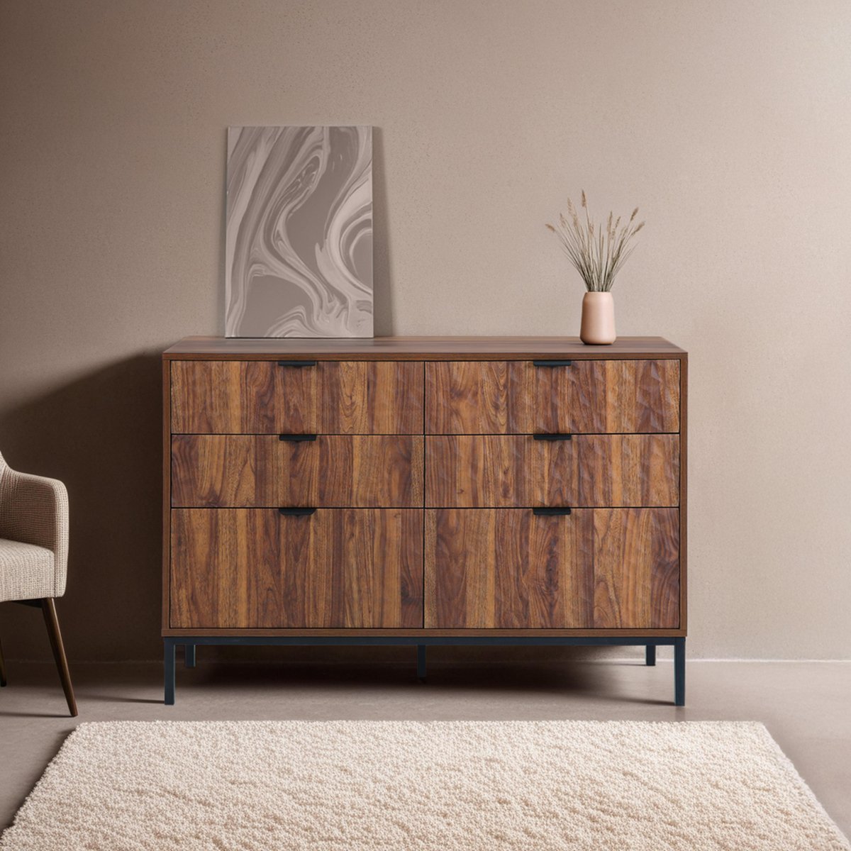 Commode à 6 tiroirs en MDF décor mélaminé 112 cm, DAVE bois foncé, OVIALA
