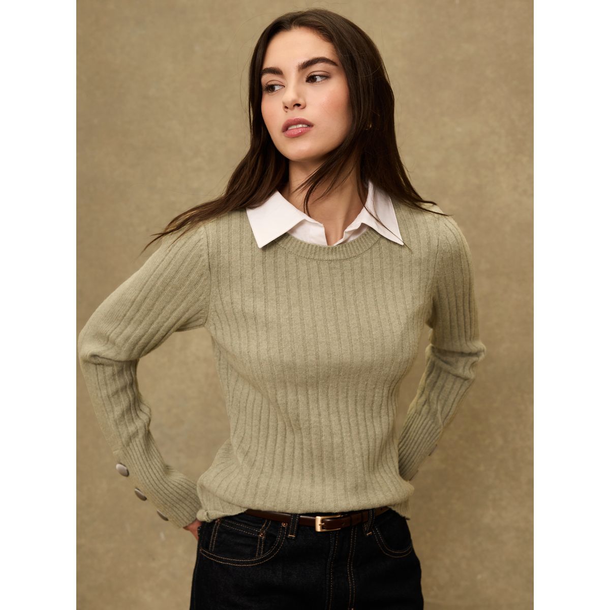 Pull en maille super doux avec effet chemise vert sauge, NEXT