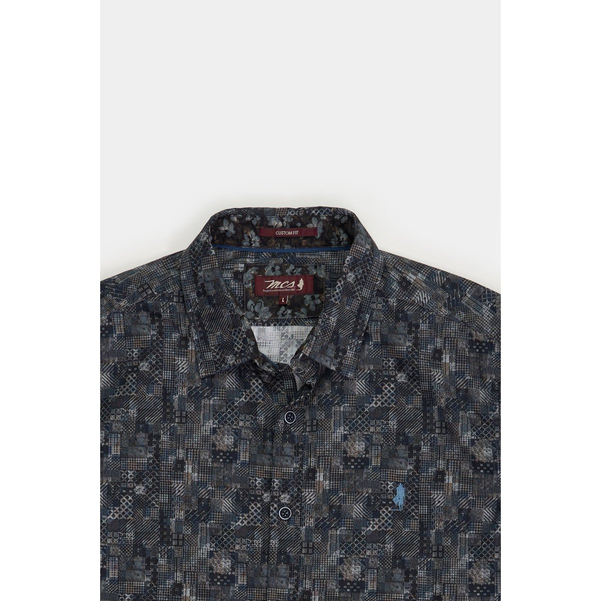 Chemise imprimée à motifs patchwork bleu marine, MCS