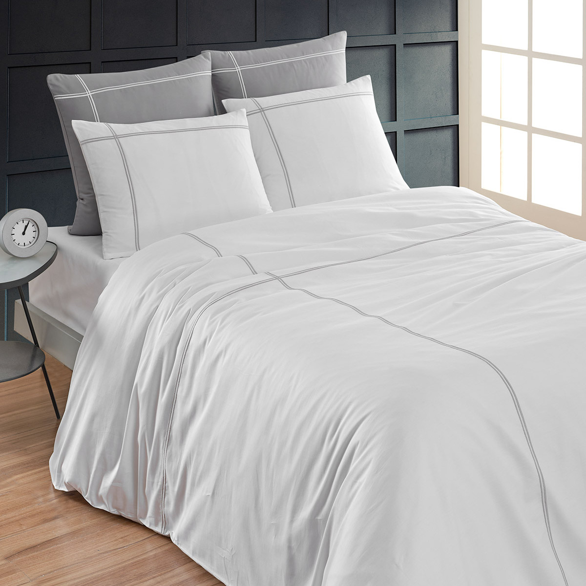 Parure housse de couette satin + 2 taies 50x70 cm PAVILLON ROYAL blanc/gris, SENSEI MAISON