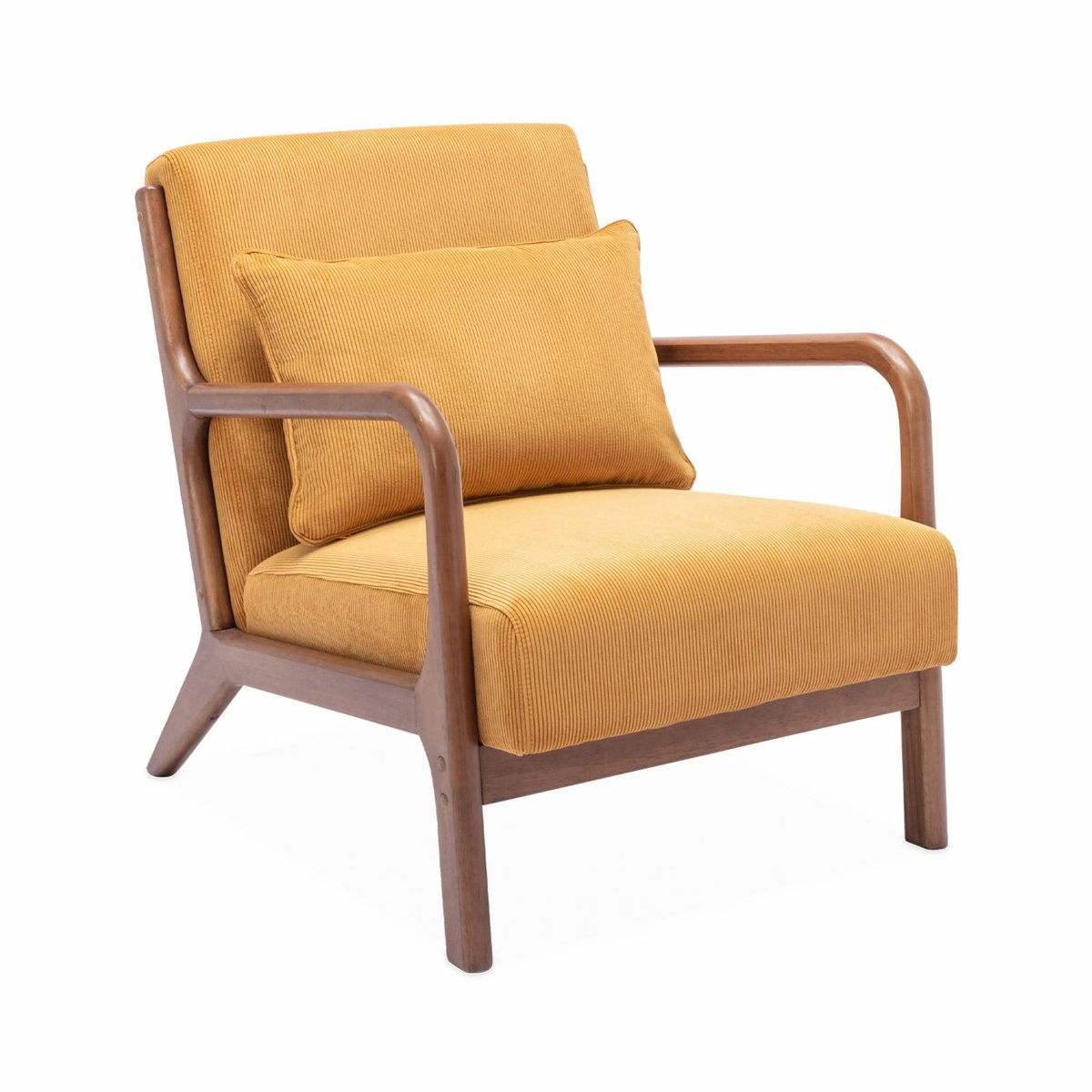 Fauteuil scandinave bois d'hévéa teinte noyer clair et velours côtelé LORENS ocre, SWEEEK