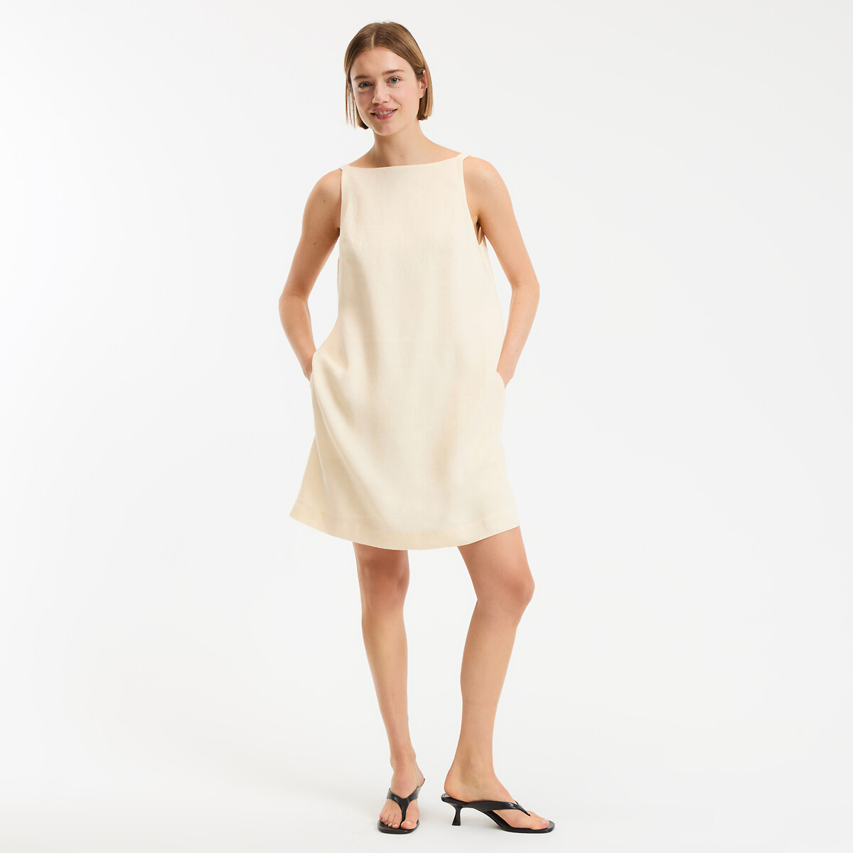 Korte mouwloze kokerjurk van linnen geel   , LA REDOUTE COLLECTIONS