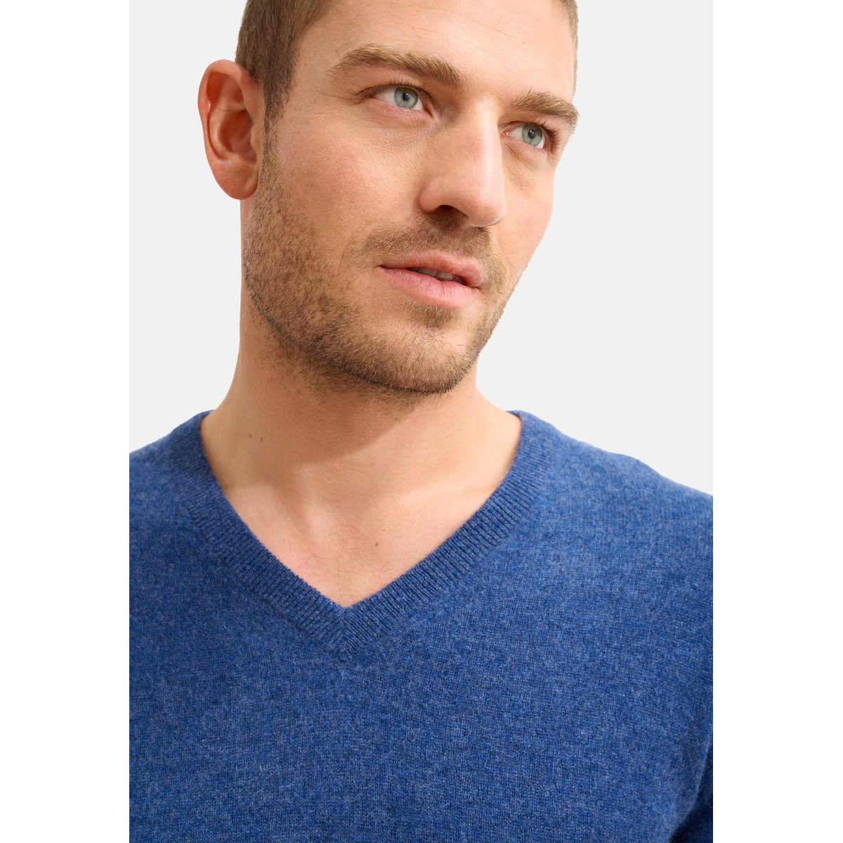 Pull Col V  Ocean Chiné Walt bleu foncé, JUST CASHMERE