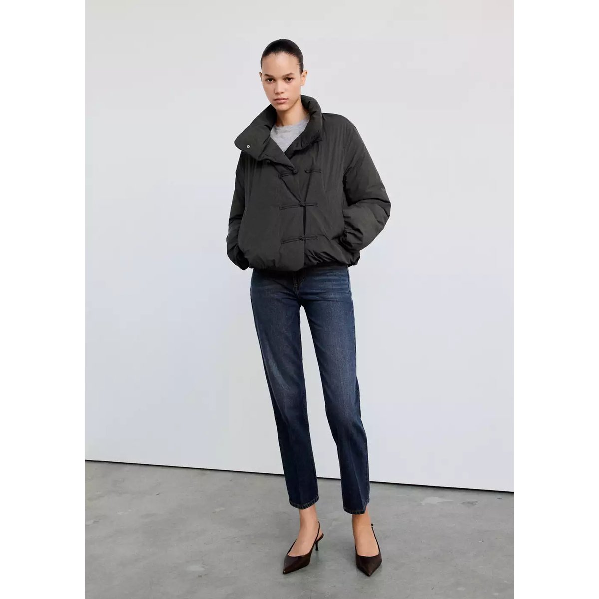 Anorak matelassé brandebourgs gris, MANGO