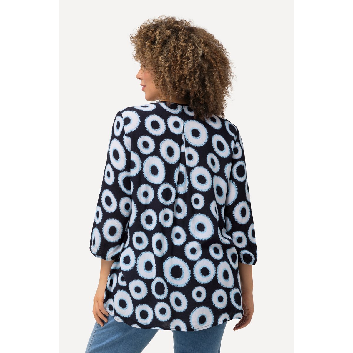 Blouse smockée à motif cercles. Col rond marine, ULLA POPKEN