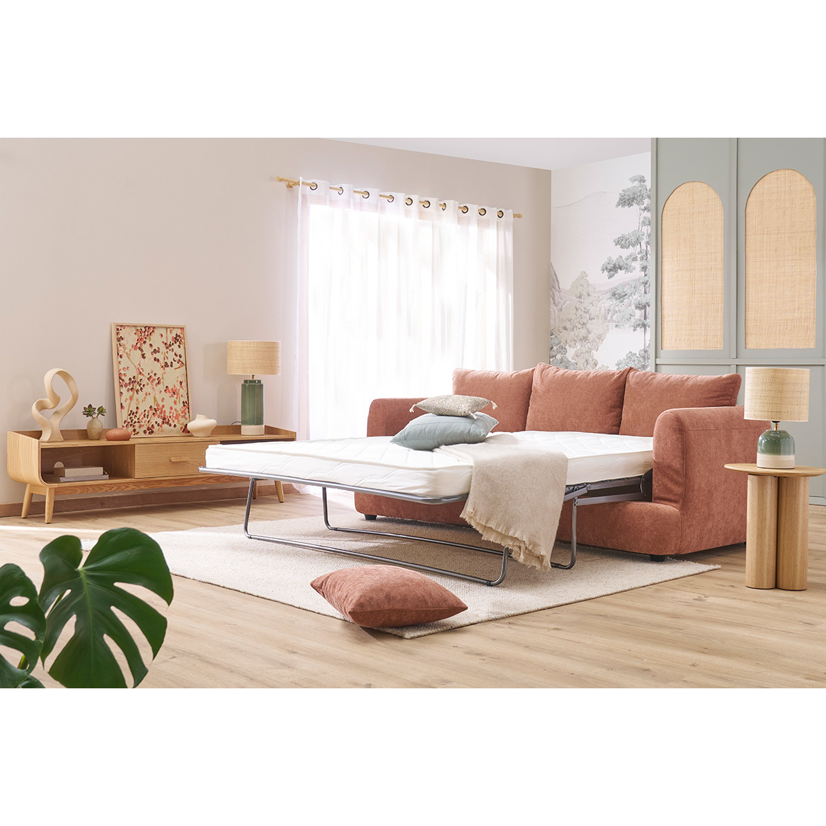 Canapé convertible déhoussable 3-4 places design haricot en tissu effet velours SACHA terra cotta, MILIBOO
