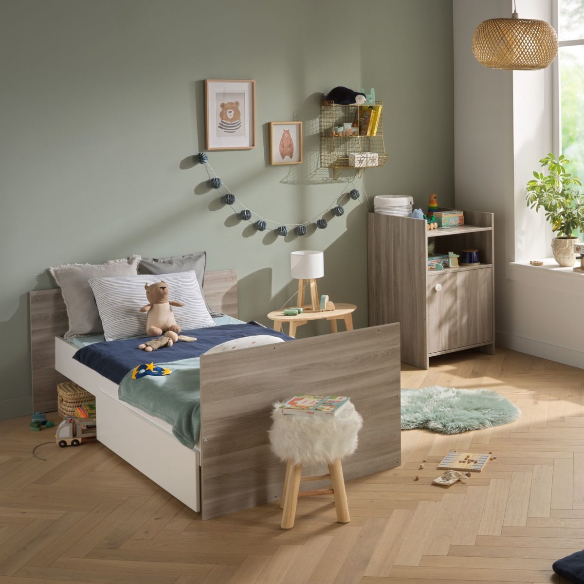 Lit combiné évolutif en décor bois avec commode à langer 1 porte gris, BABY PRICE